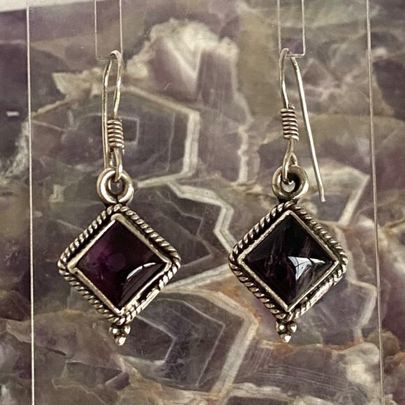 Sterling Silver 925 Bezel Set Diamond Shaped Amethyst Cabochon Dangle Earrings - Picture 3 of 16